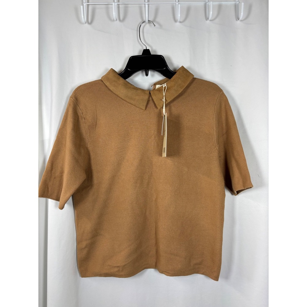 La Vila Milano Womens Camel Knit Top Faux Suede Collar Short Sleeve Size M NEW